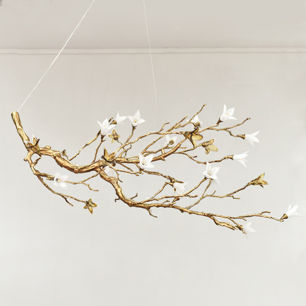 Люстра в виде золотой ветки с цветами Glass Flower Pendant Light