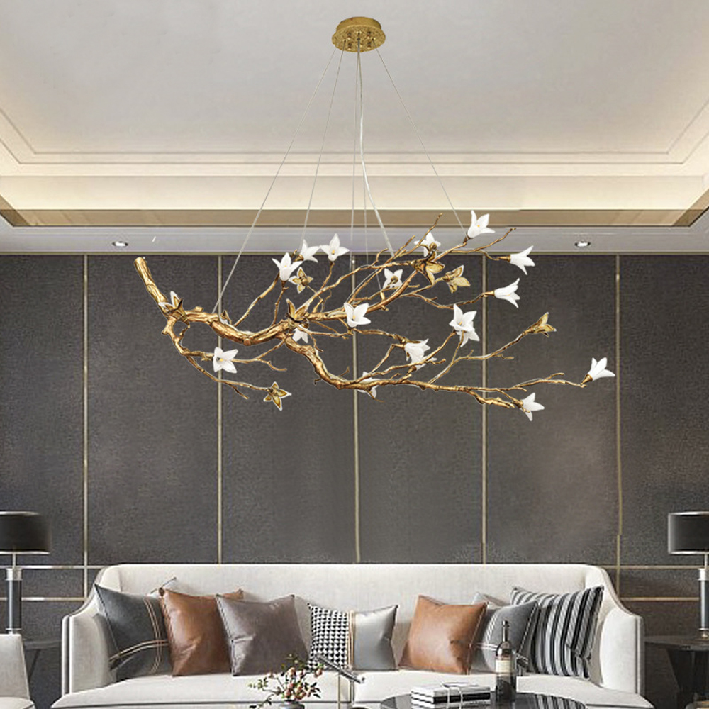 Люстра в виде золотой ветки с цветами Glass Flower Pendant Light