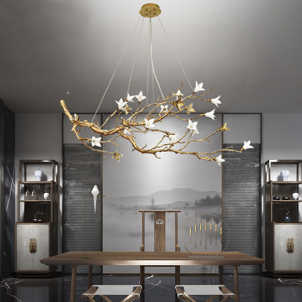 Люстра в виде золотой ветки с цветами Glass Flower Pendant Light