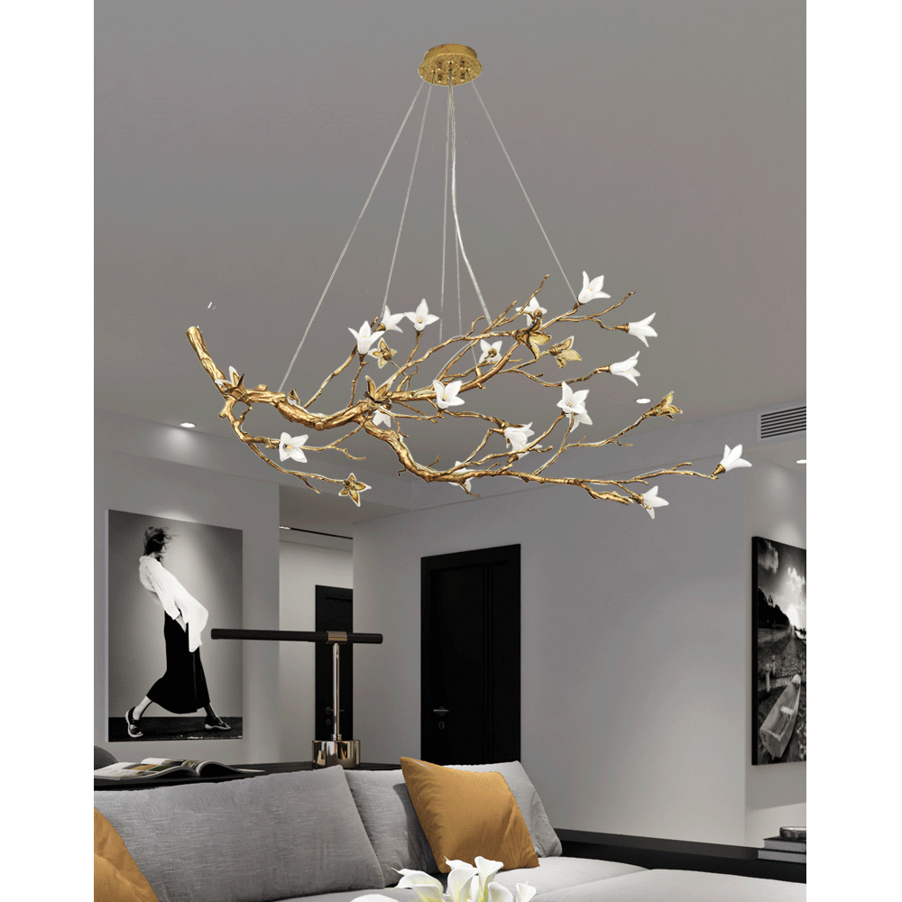 Люстра в виде золотой ветки с цветами Glass Flower Pendant Light