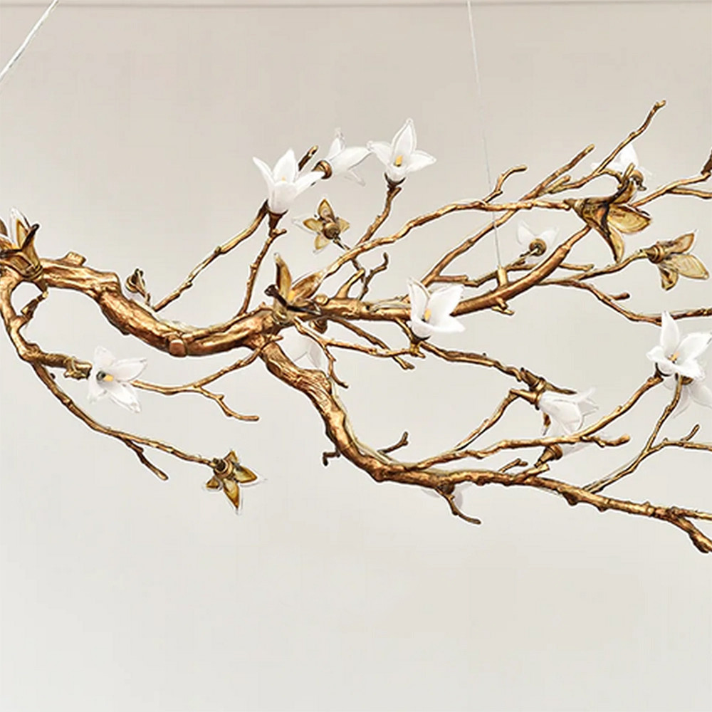 Люстра в виде золотой ветки с цветами Glass Flower Pendant Light
