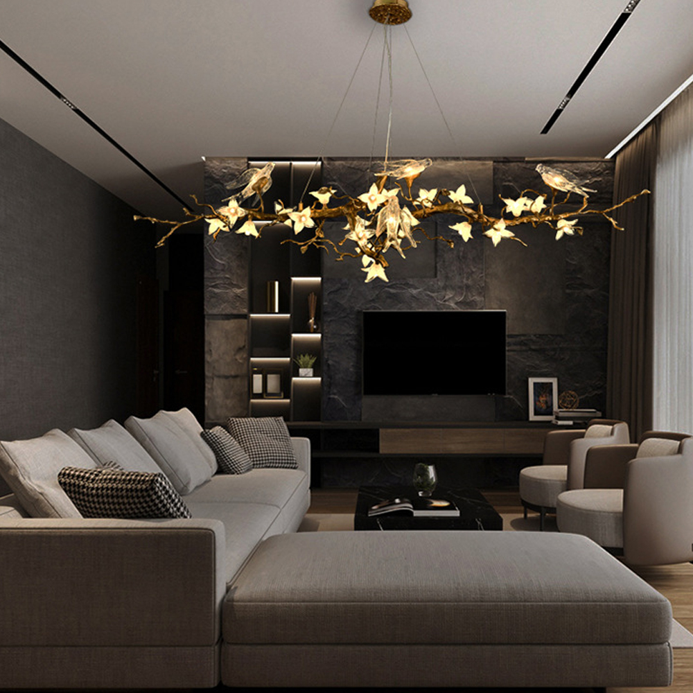 Люстра в виде золотой ветки с цветами и птичками Marvelous Garden