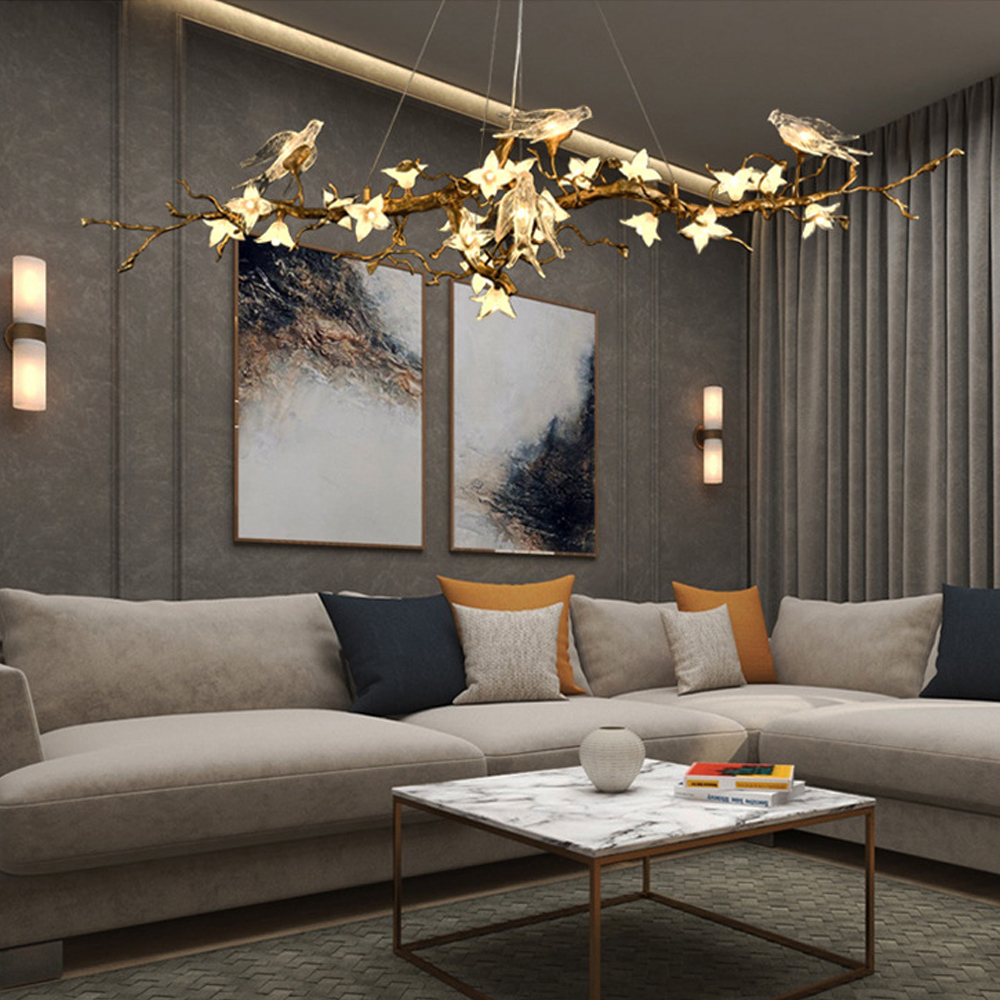 Люстра в виде золотой ветки с цветами и птичками Marvelous Garden