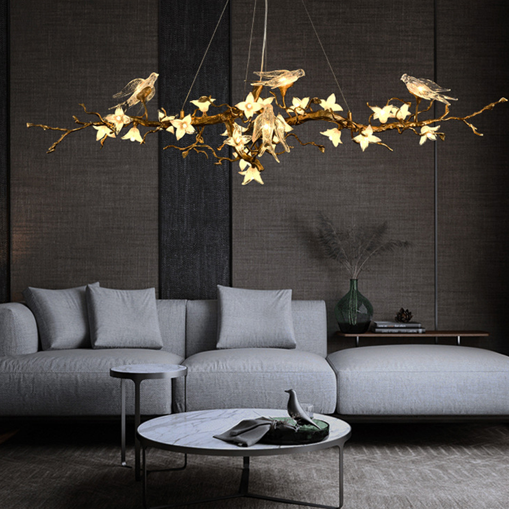 Люстра в виде золотой ветки с цветами и птичками Marvelous Garden