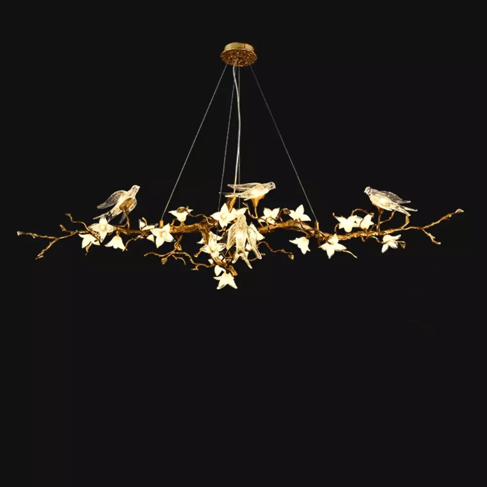 Люстра в виде золотой ветки с цветами и птичками Marvelous Garden