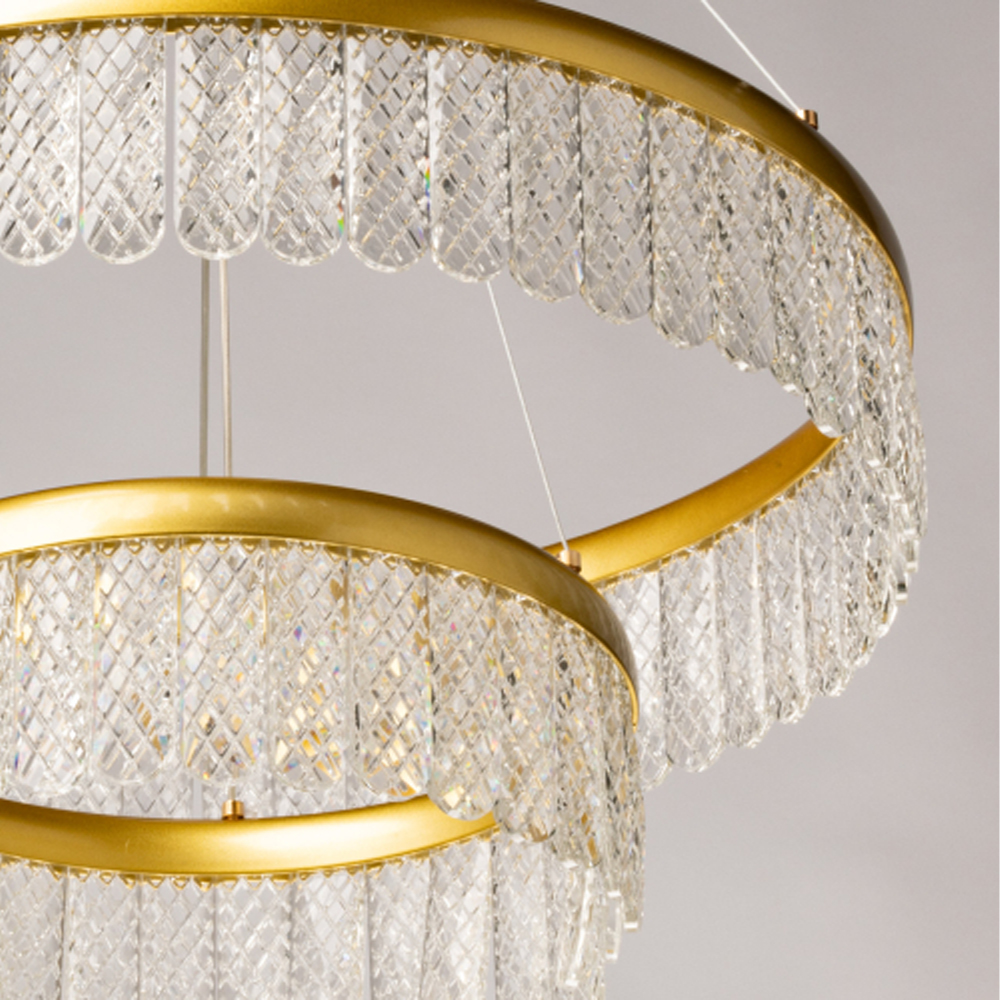 Люстра двухъярусная с золотого цвета и прозрачными подвесками Pettico