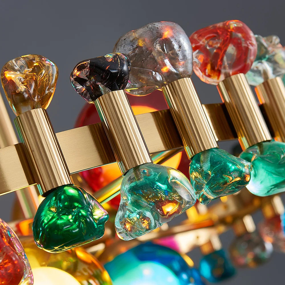 Люстра золотая с цветными плафонами и декором Colorful Ball Candy Crystal