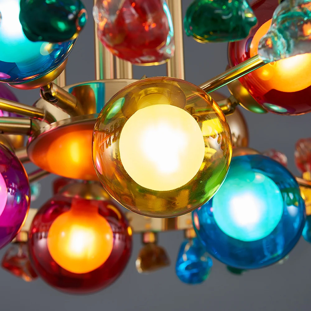 Люстра золотая с цветными плафонами и декором Colorful Ball Candy Crystal