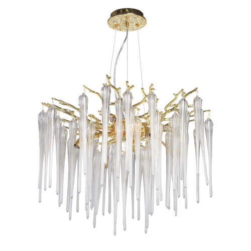 Люстра золотого цвета с декоративными ветками и длинными прозрачными стеклянными подвесами в форме сосулек Droplet Chandelier