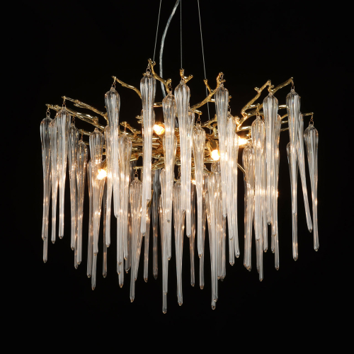 Люстра золотого цвета с декоративными ветками и длинными прозрачными стеклянными подвесами в форме сосулек Droplet Chandelier