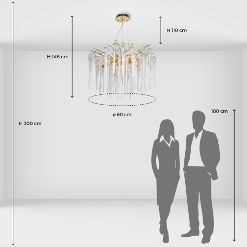 Люстра золотого цвета с декоративными ветками и длинными прозрачными стеклянными подвесами в форме сосулек Droplet Chandelier