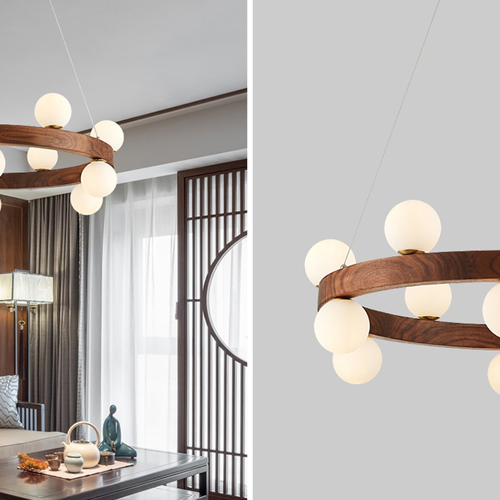 Люстра из дерева с белыми плафонами GRAND Wooden Chandelier
