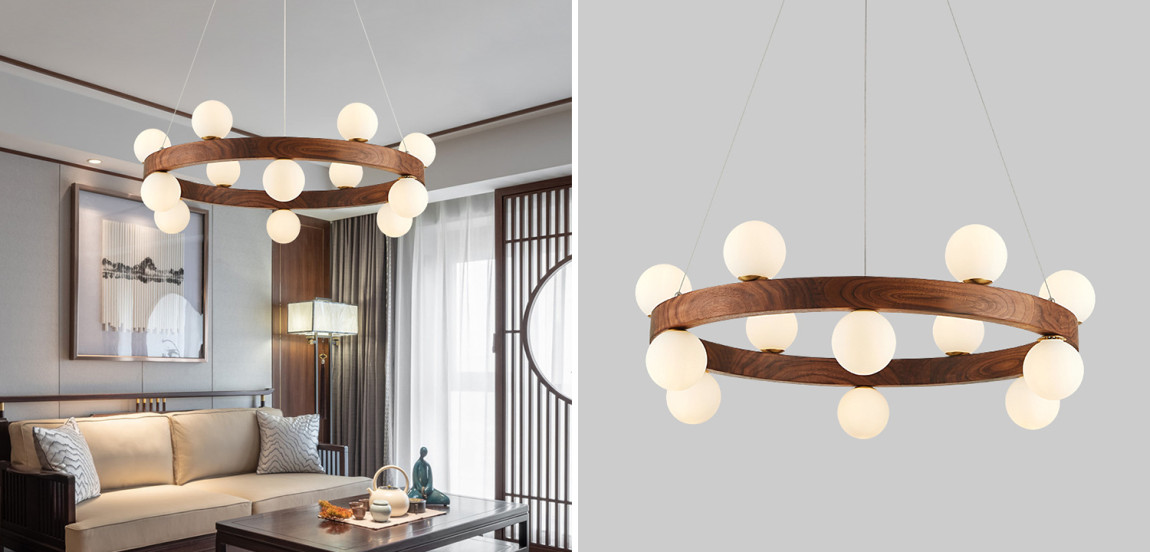 Люстра из дерева с белыми плафонами GRAND Wooden Chandelier