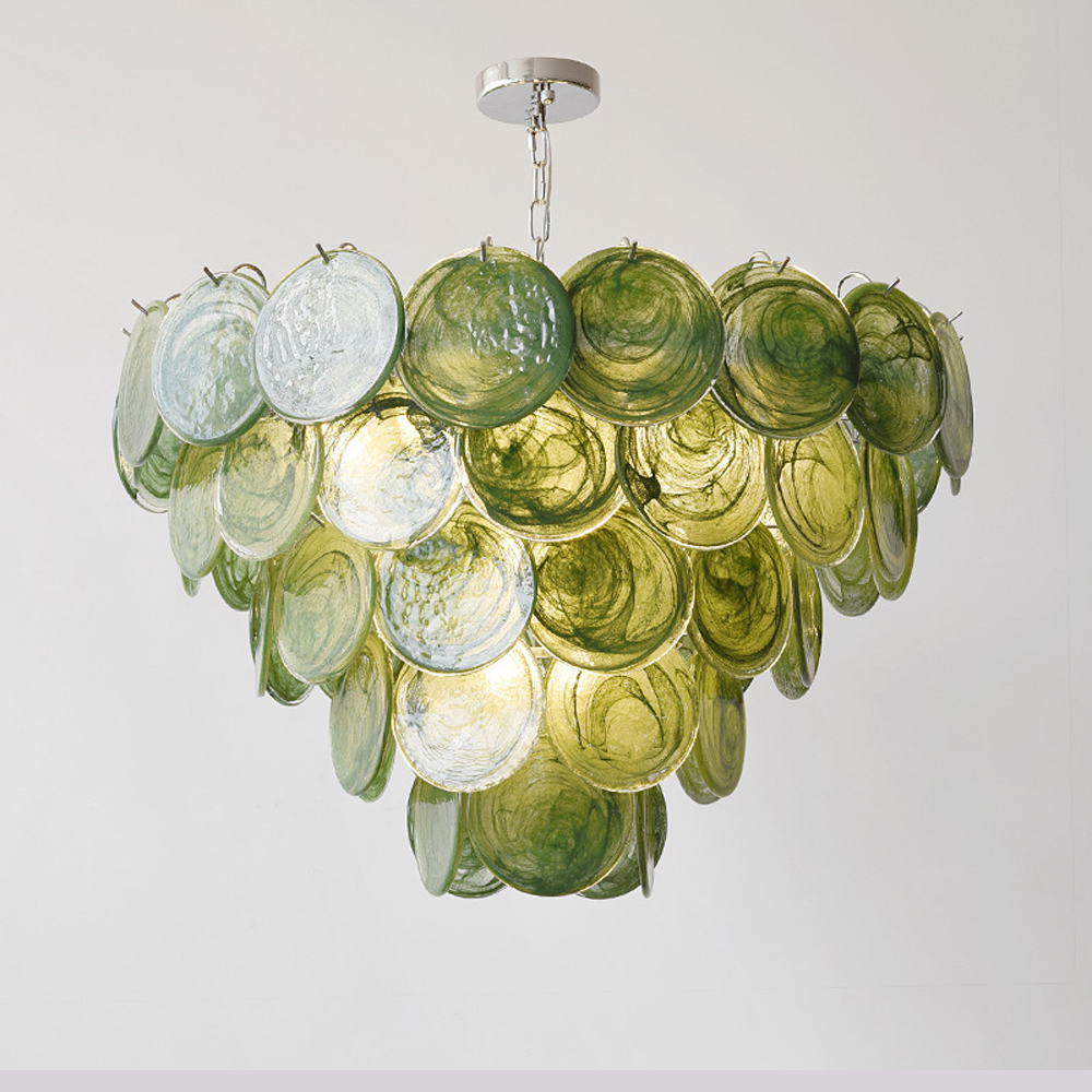 Люстра из зеленых стеклянных дисков с перламутровым эффектом Green Glowing Glaze