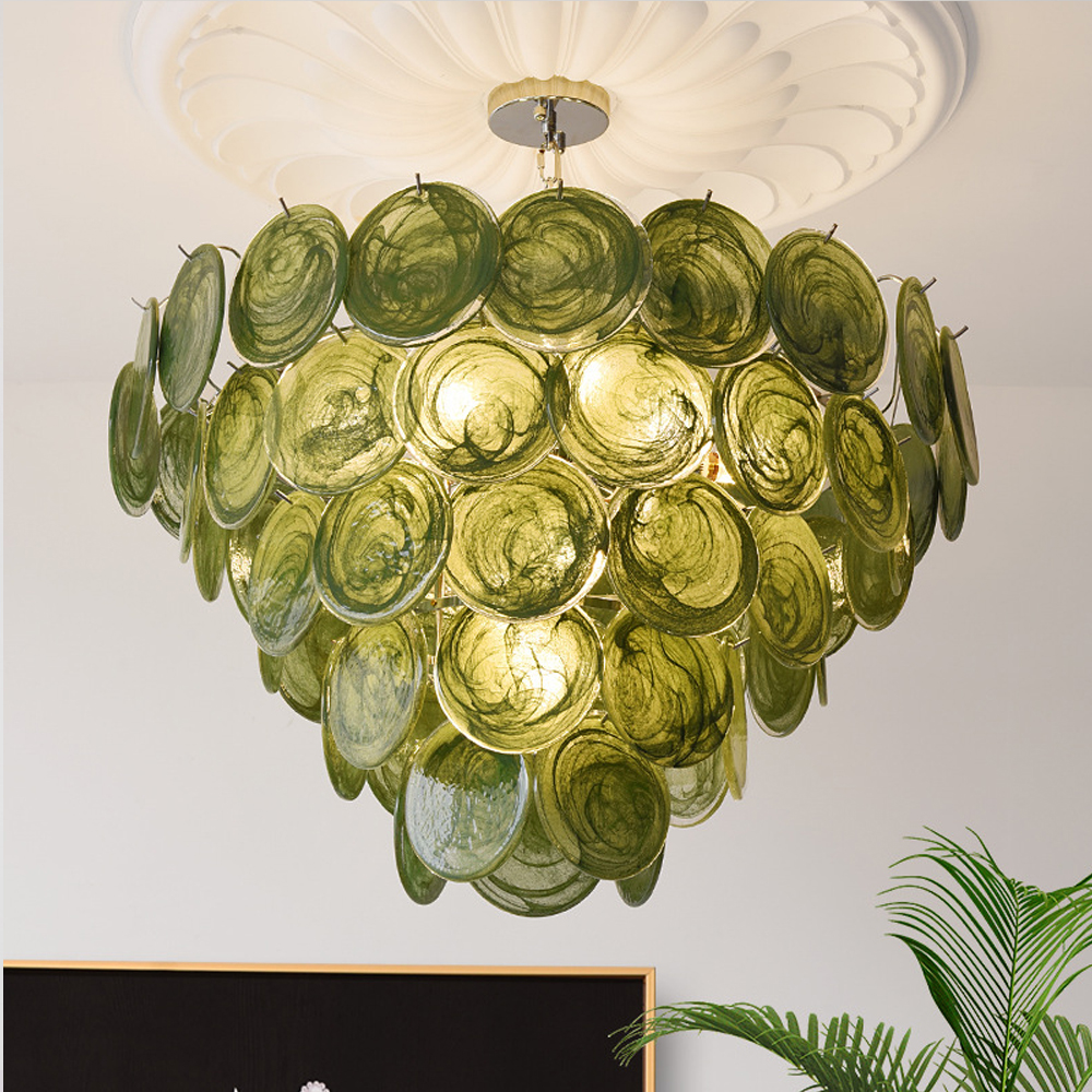 Люстра из зеленых стеклянных дисков с перламутровым эффектом Green Glowing Glaze