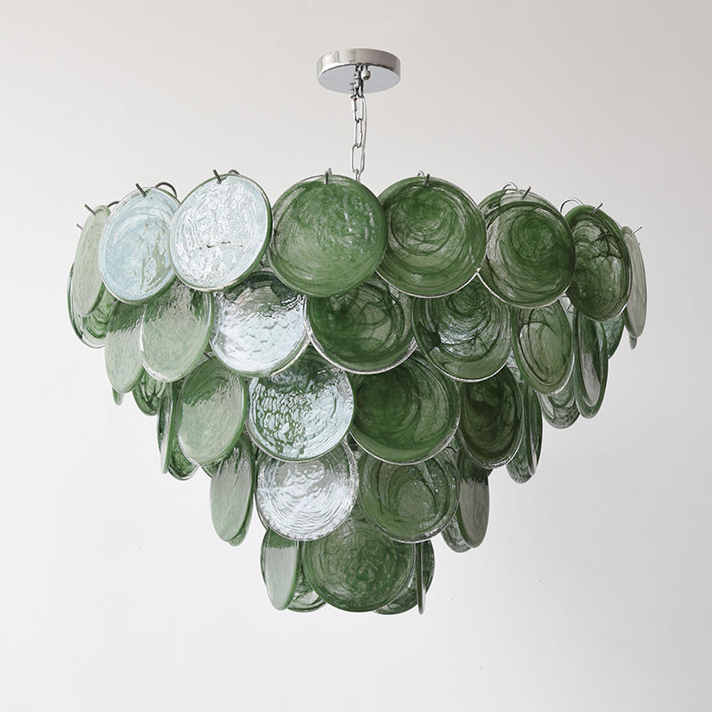 Люстра из зеленых стеклянных дисков с перламутровым эффектом Green Glowing Glaze