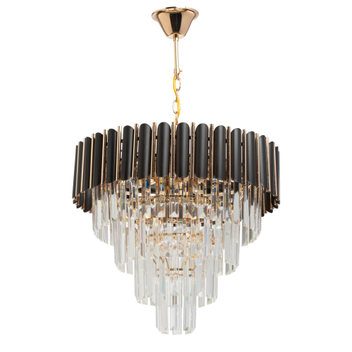Люстра из черного металла с многоярусными подвесками из прозрачного хрусталя на золотой цепи Empire Black Chandelier Crystal