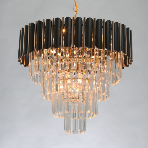 Люстра из черного металла с многоярусными подвесками из прозрачного хрусталя на золотой цепи Empire Black Chandelier Crystal