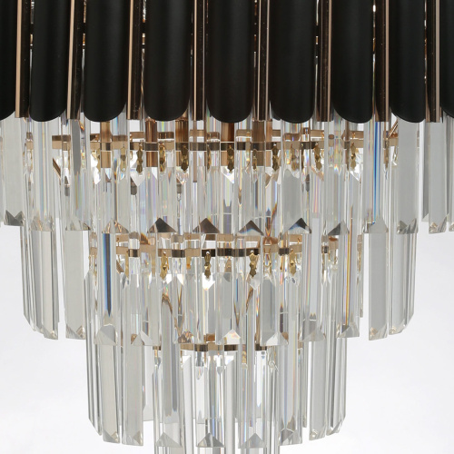 Люстра из черного металла с многоярусными подвесками из прозрачного хрусталя на золотой цепи Empire Black Chandelier Crystal