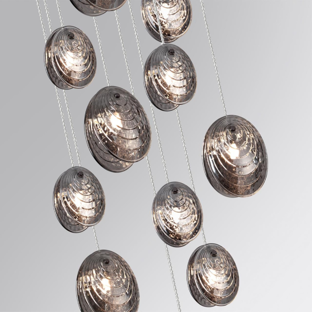 Люстра каскадная с 11-ю круглыми плафонами из рельефного стекла Disc Light
