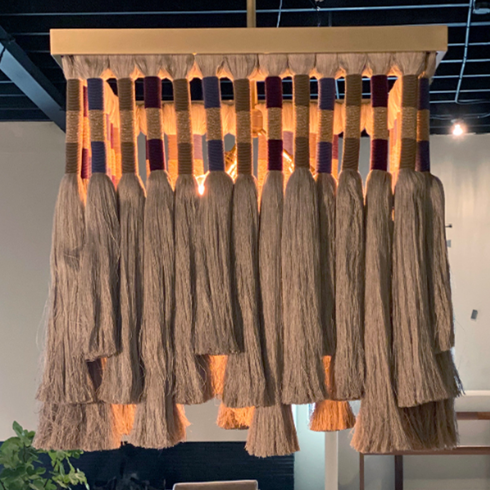 Люстра квадратная плетеная с бахромой Wicker Square Chandelier with Tassels