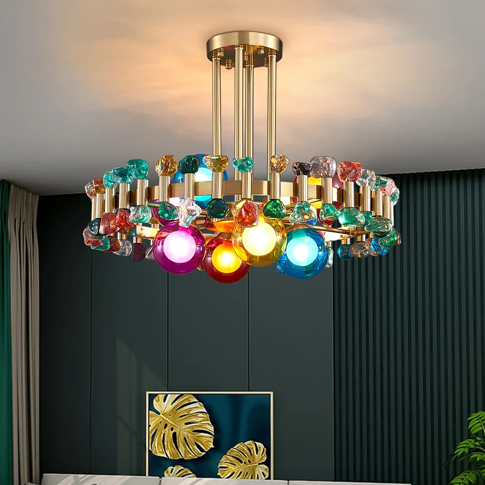 Люстра круглая золотистая с цветными плафонами Colorful Ball Candy Crystal