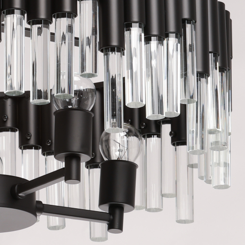 Люстра круглая из матового черного металла с подвесками из прозрачных стеклянных трубок Noir Tubes