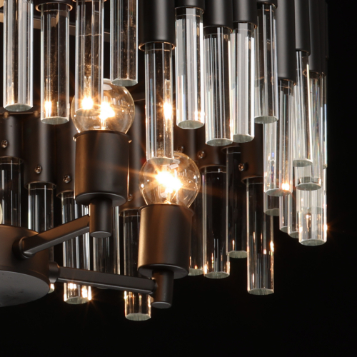 Люстра круглая из матового черного металла с подвесками из прозрачных стеклянных трубок Noir Tubes