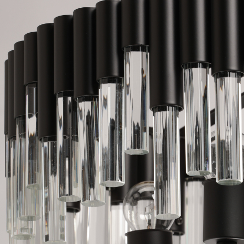 Люстра круглая из матового черного металла с подвесками из прозрачных стеклянных трубок Noir Tubes