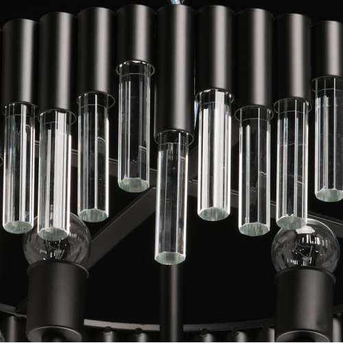 Люстра круглая из матового черного металла с подвесками из прозрачных стеклянных трубок Noir Tubes