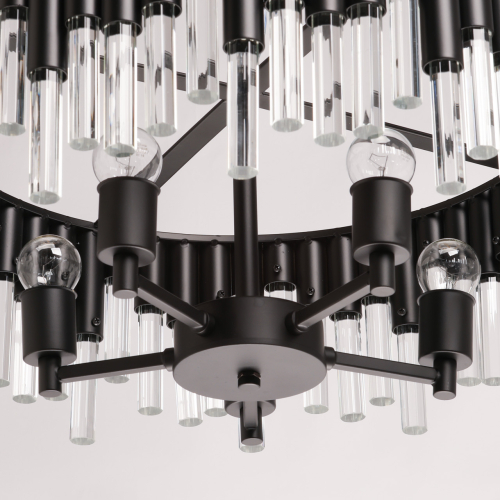 Люстра круглая из матового черного металла с подвесками из прозрачных стеклянных трубок Noir Tubes