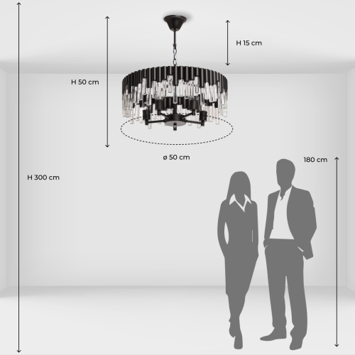 Люстра круглая из матового черного металла с подвесками из прозрачных стеклянных трубок Noir Tubes