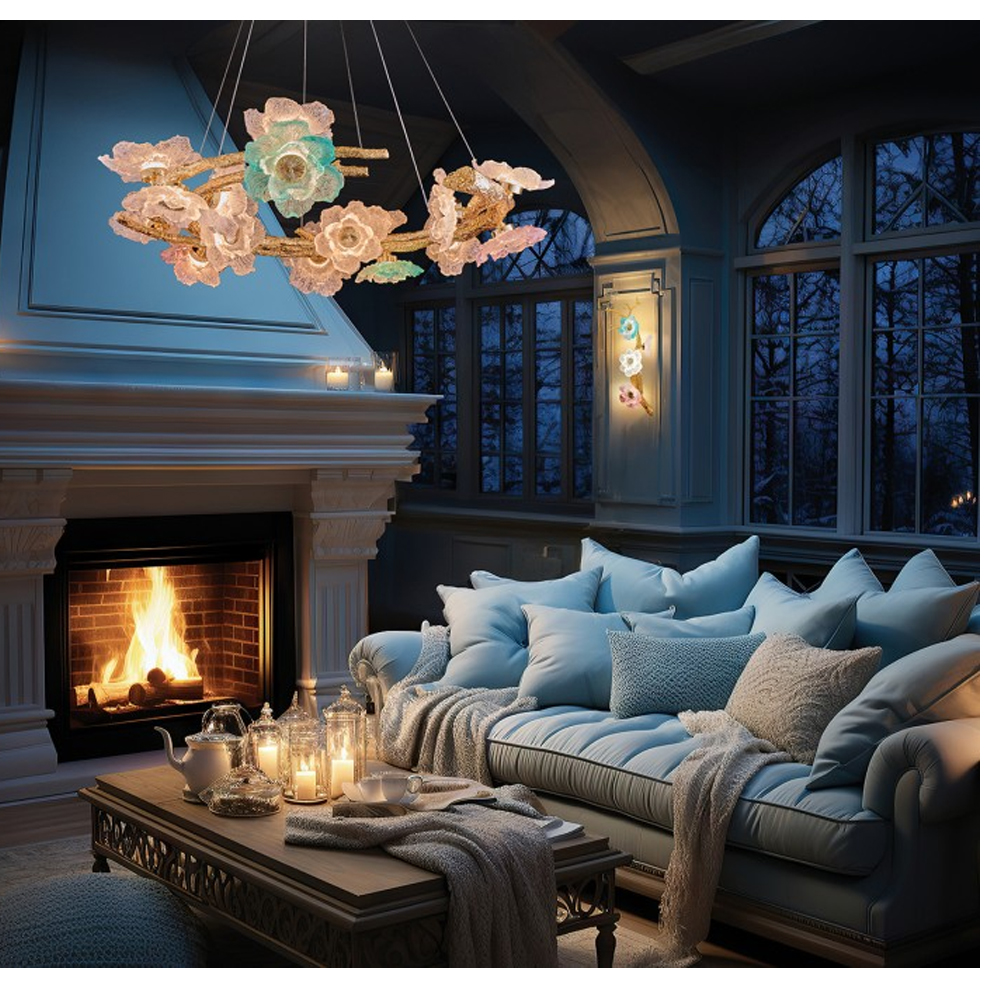 Люстра круглая на золотом каркасе с цветочным декором Miscellaneous herbs