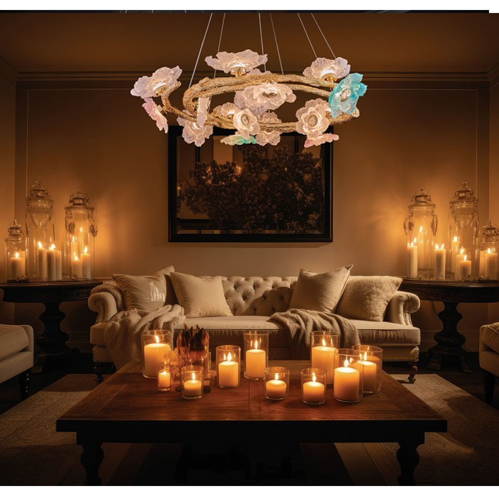 Люстра круглая на золотом каркасе с цветочным декором Miscellaneous herbs