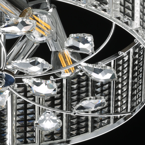 Люстра круглая на цепи цвета хром с прозрачными рельефными хрустальными пластинами Textured Glass Chandelier