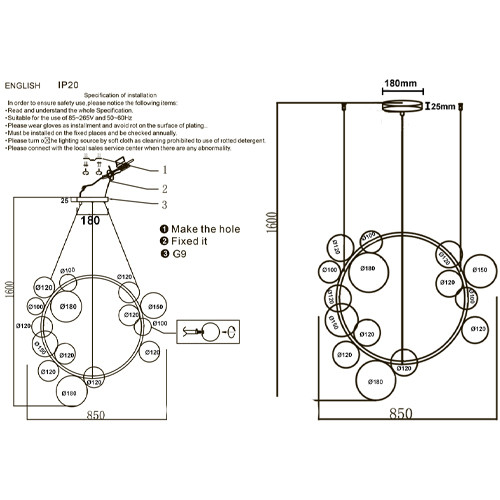 Люстра круглая подвесная с 15-ю прозрачными шарообразными плафонами из стекла Iona chandelier