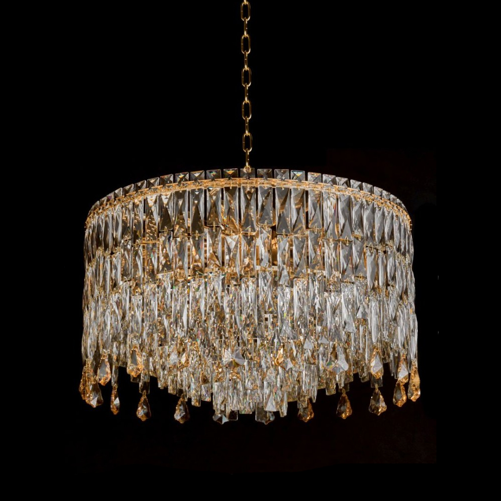 Люстра круглая с хрустальными подвесками на золотистом каркасе Roul Crystal Light