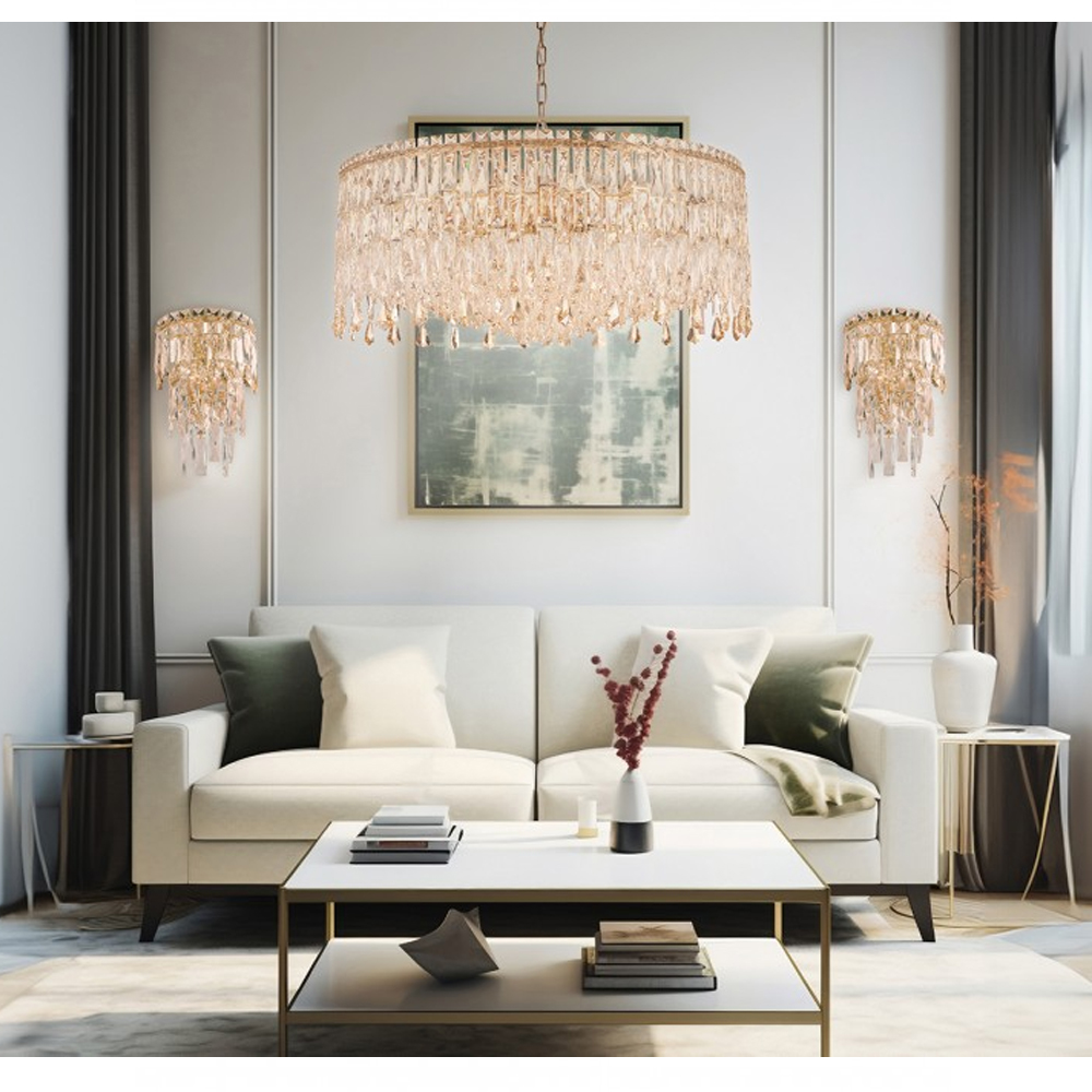 Люстра круглая с хрустальными подвесками на золотистом каркасе Roul Crystal Light