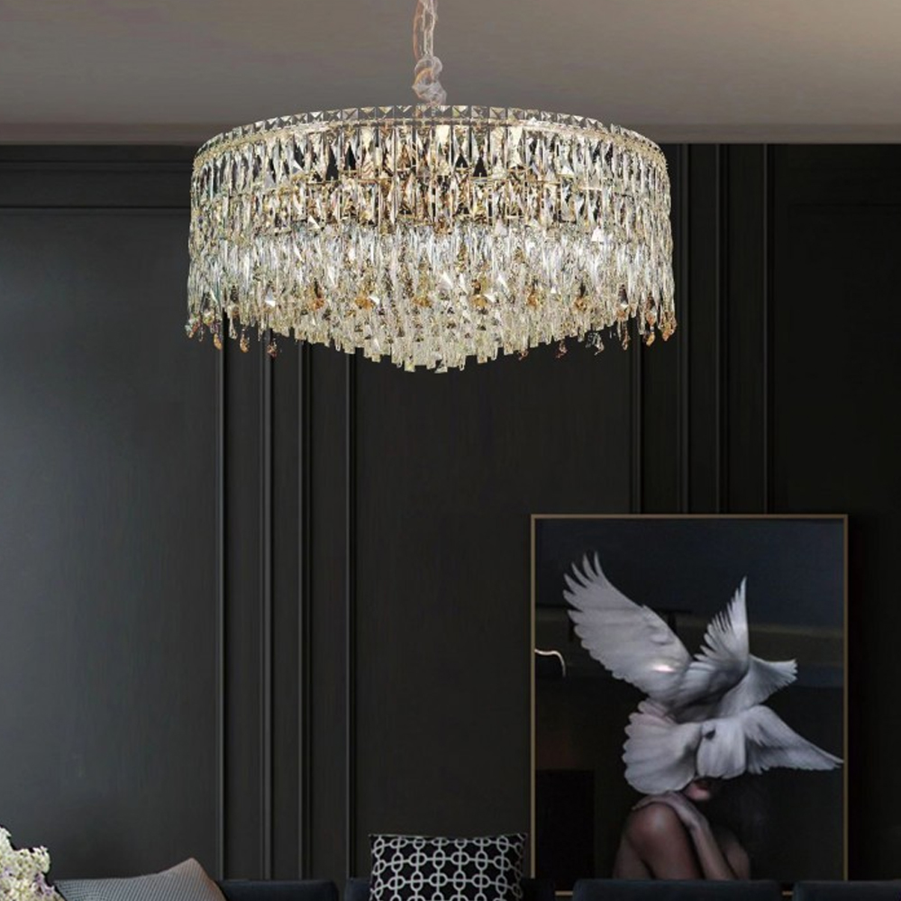 Люстра круглая с хрустальными подвесками на золотистом каркасе Roul Crystal Light