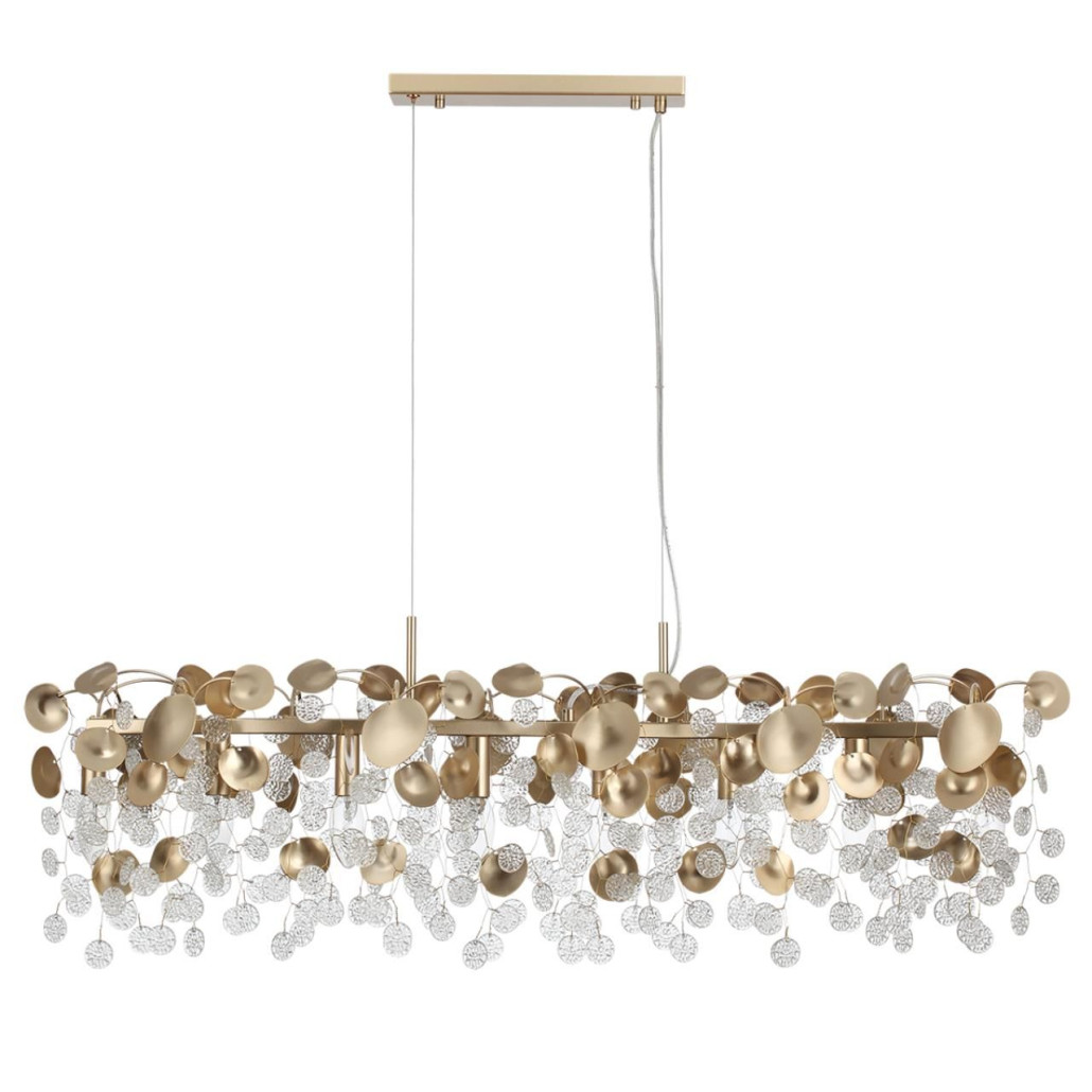 Люстра линейная с подвесками в форме монеток и золотистыми круглыми элементами из металла в виде лепестков FAIRYTREE Light