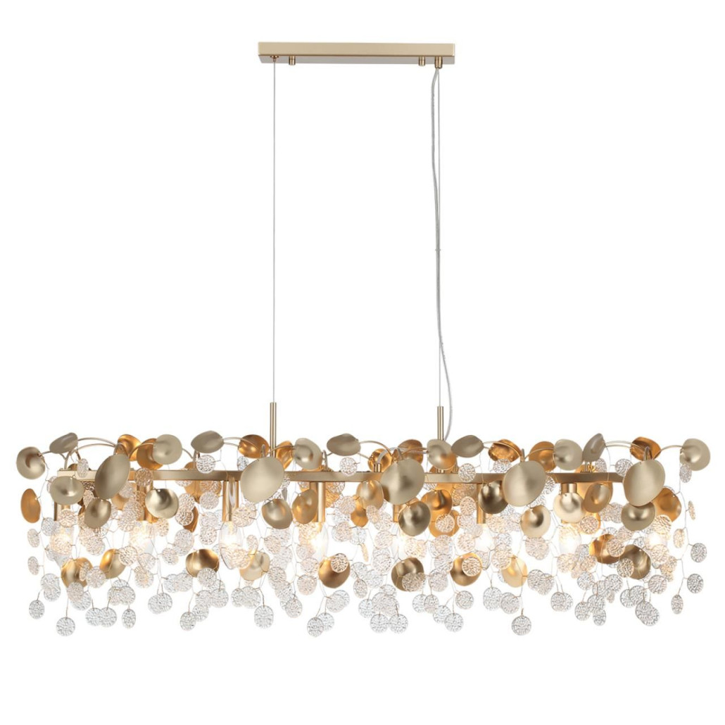 Люстра линейная с подвесками в форме монеток и золотистыми круглыми элементами из металла в виде лепестков FAIRYTREE Light