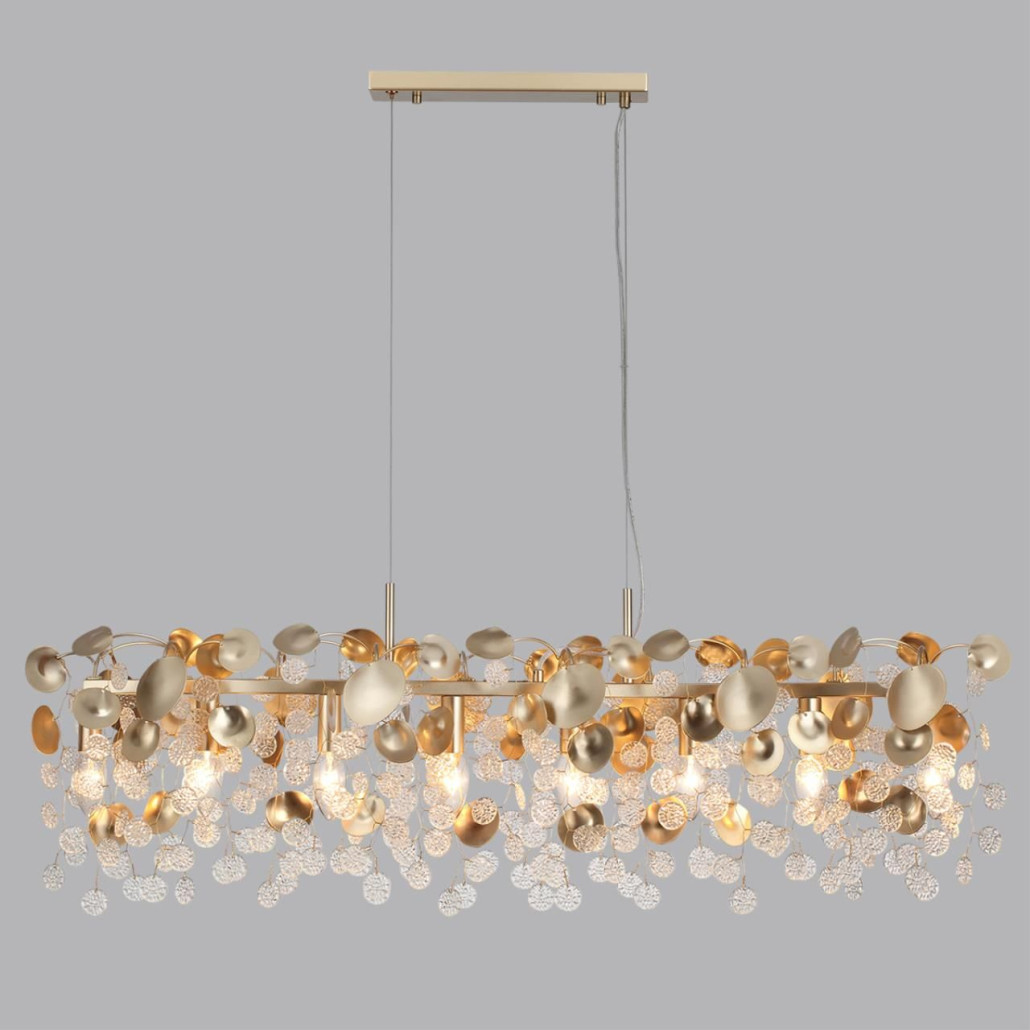 Люстра линейная с подвесками в форме монеток и золотистыми круглыми элементами из металла в виде лепестков FAIRYTREE Light