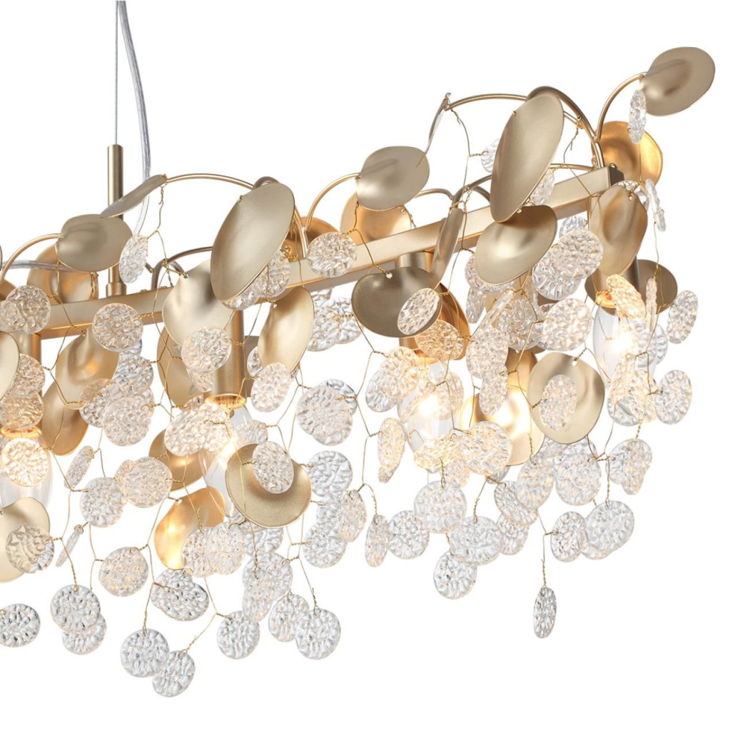 Люстра линейная с подвесками в форме монеток и золотистыми круглыми элементами из металла в виде лепестков FAIRYTREE Light