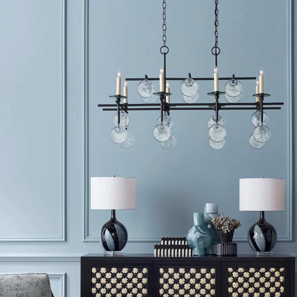 Люстра линейная черная с круглыми прозрачными подвесками  Horizontal Rectangular Chandelier