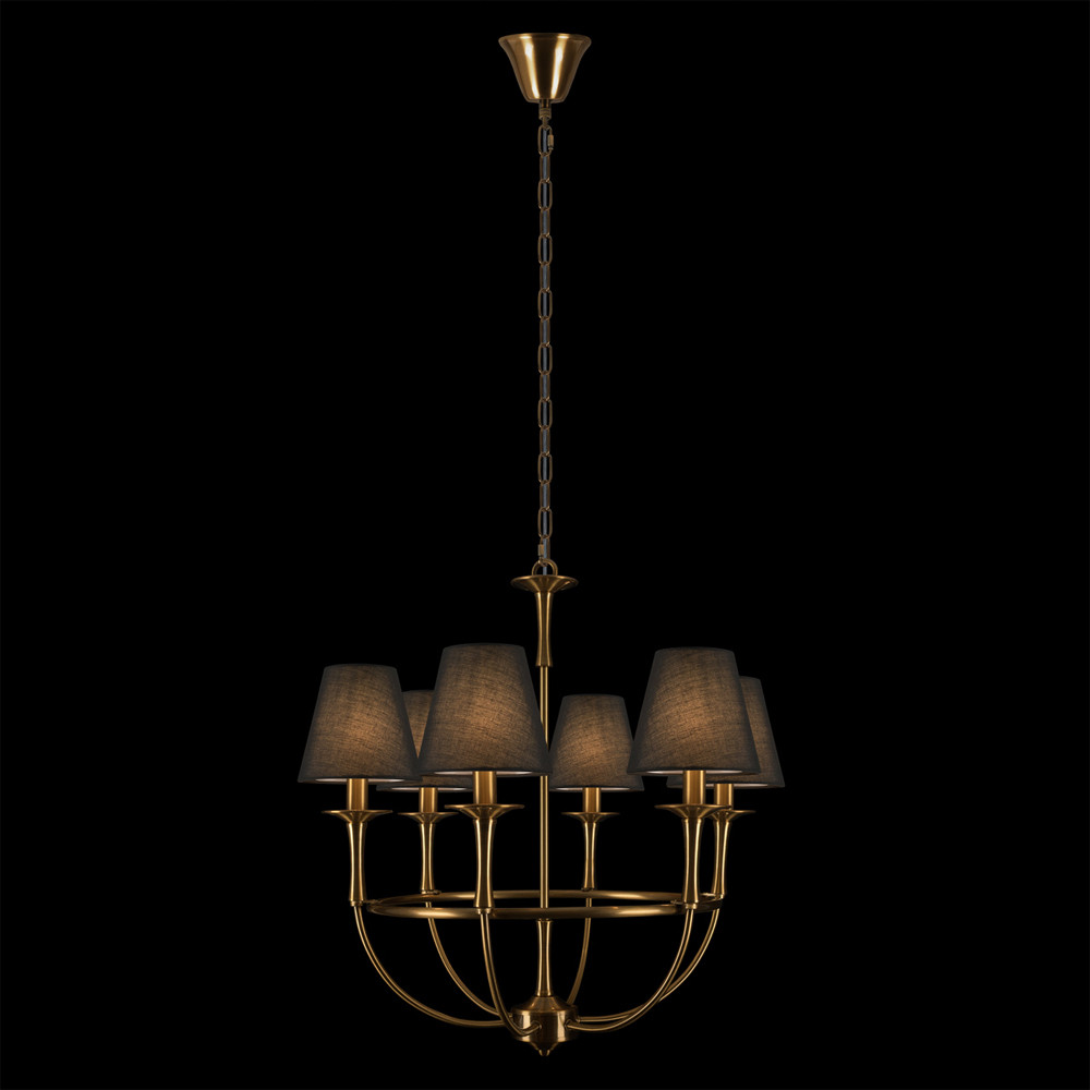 Люстра на металлическом основании бронзового цвета с 6-ю черными конусовидными абажурами Dignity