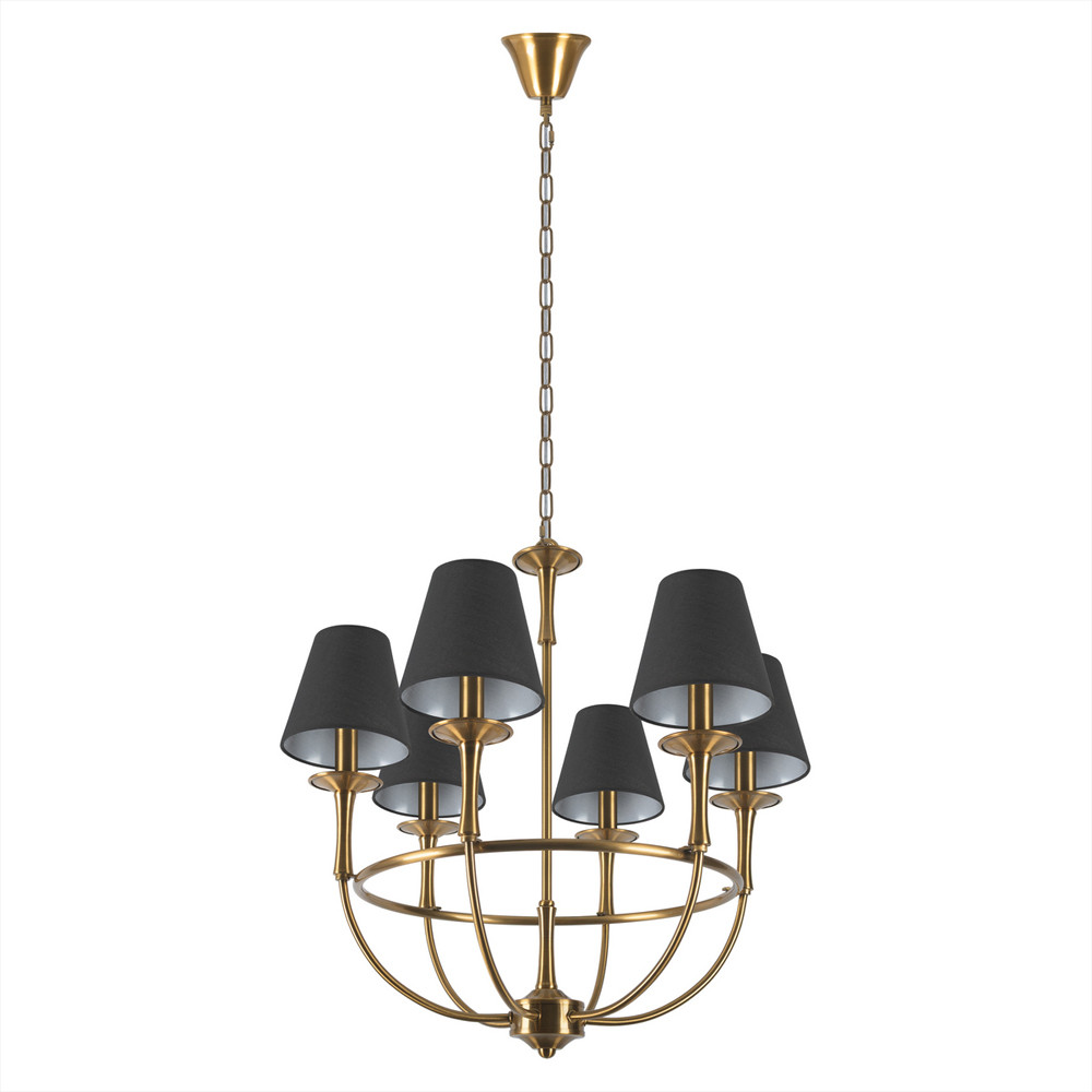 Люстра на металлическом основании бронзового цвета с 6-ю черными конусовидными абажурами Dignity