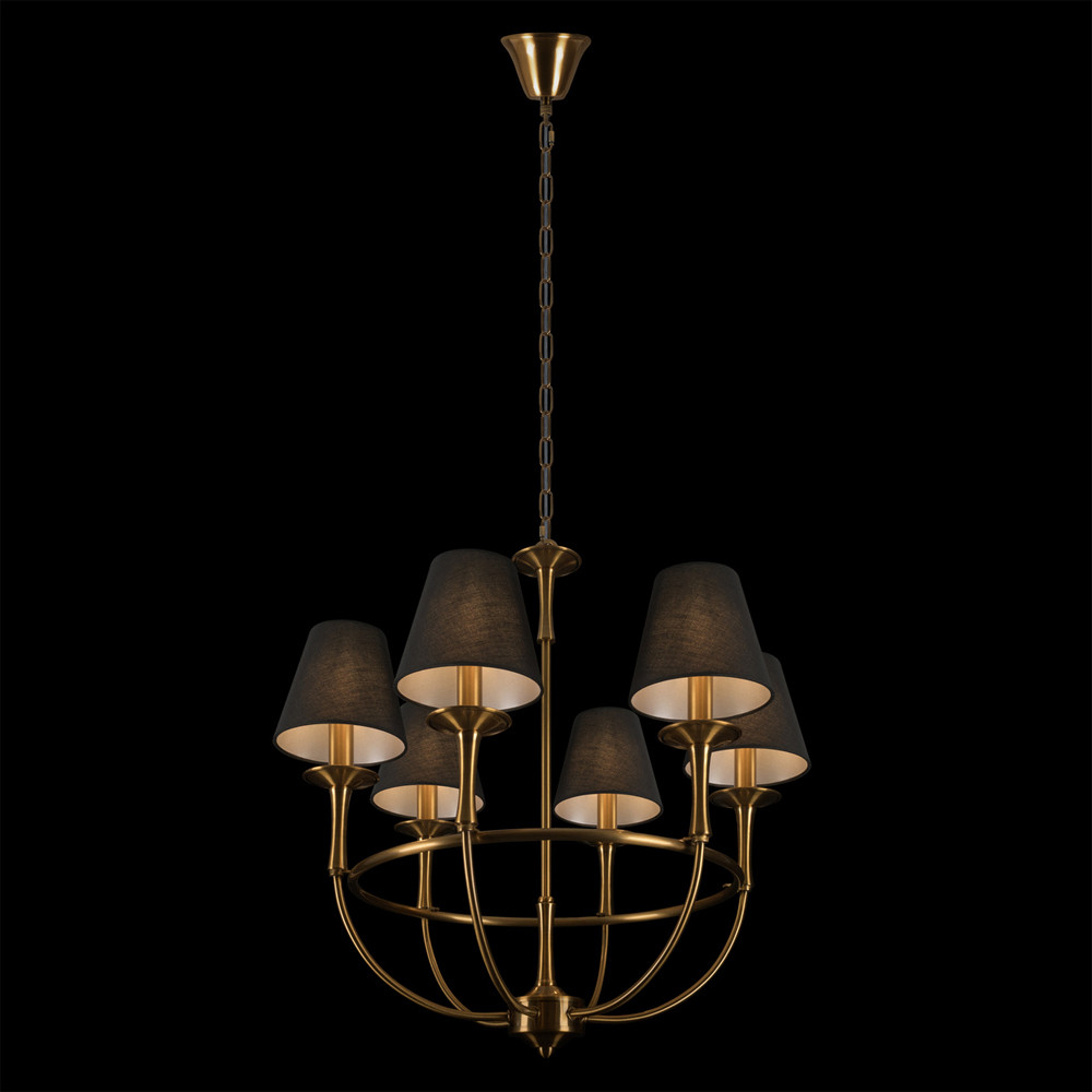 Люстра на металлическом основании бронзового цвета с 6-ю черными конусовидными абажурами Dignity