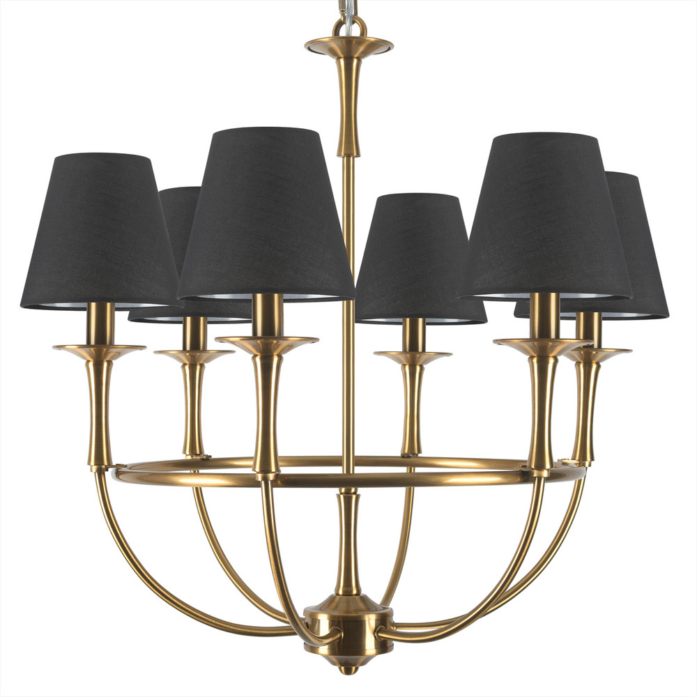 Люстра на металлическом основании бронзового цвета с 6-ю черными конусовидными абажурами Dignity