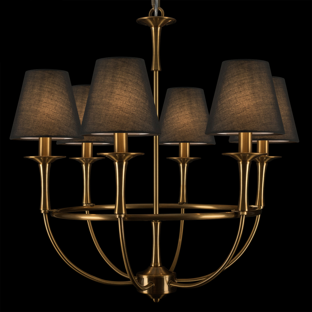 Люстра на металлическом основании бронзового цвета с 6-ю черными конусовидными абажурами Dignity