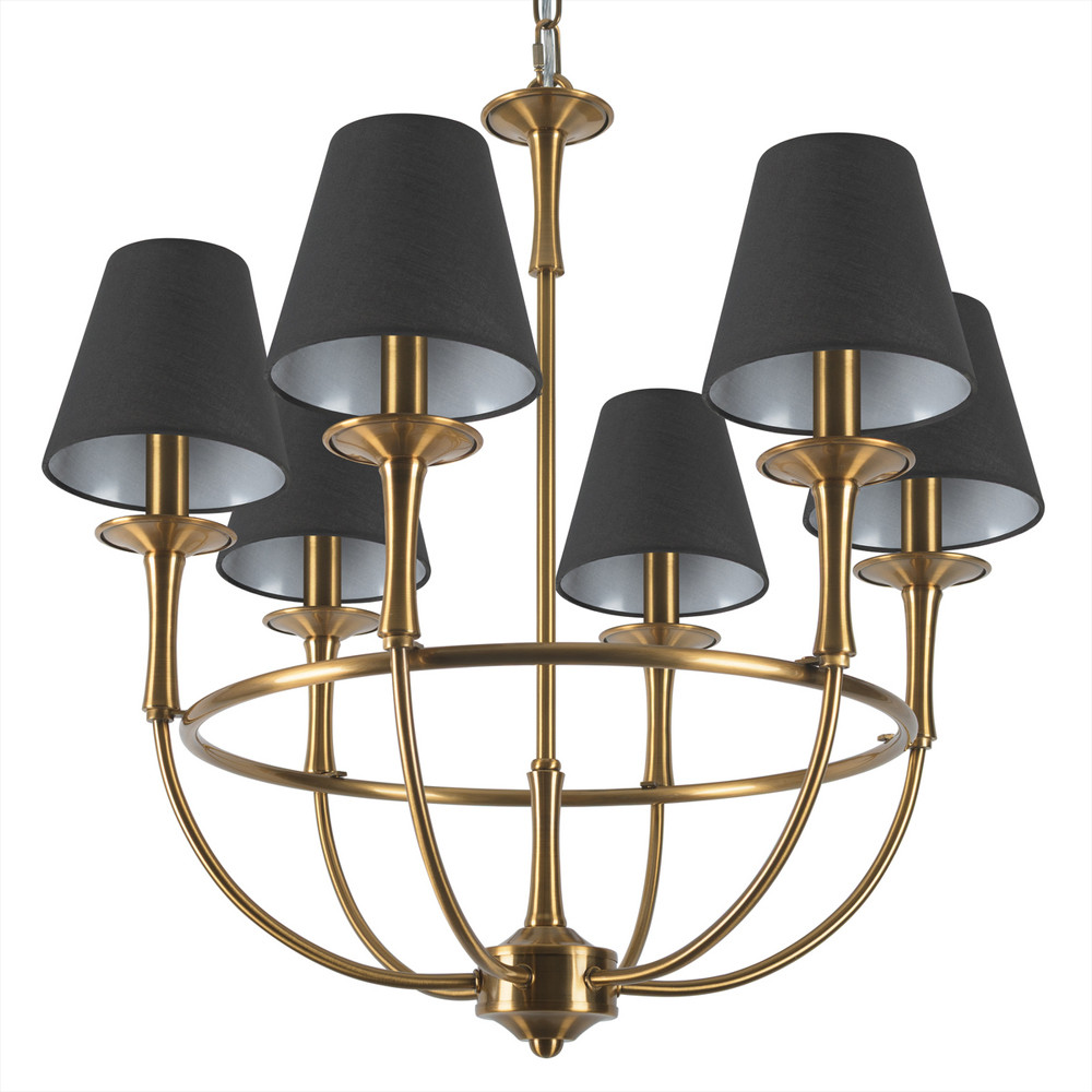 Люстра на металлическом основании бронзового цвета с 6-ю черными конусовидными абажурами Dignity